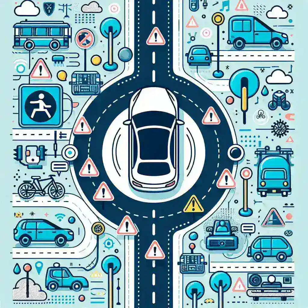 "Close-up of a self-driving car with sensors and cameras, highlighting the advanced technology used in autonomous driving, amidst a backdrop of a busy urban street, emphasizing the safety concerns and complexities of autonomous vehicle systems."